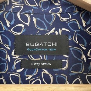 Bugatchi Shirt Mens Large Navy OoohCotton Tech 8 Way Stretch Short Sleeve Print